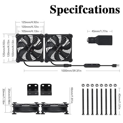 Dual 120mm Fan with 10 Speed USB 5V DC 12V IPX5 Waterproof Cooling Fan for Tablet TV Receiver Router DVR Xbox Greenhouse Kennel Computer Cabinet Component Cooling