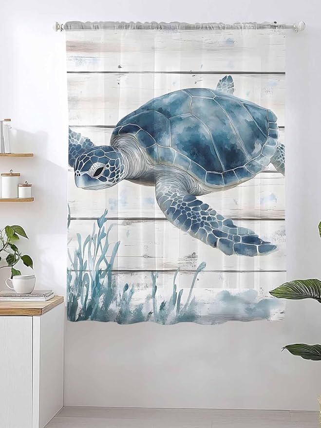Sheer Curtains 63 Inch Length, Ocean Sea Turtle Semi Sheer Curtains Light Filtering Window Treatment, Coastal Seaweed Vintage Wood Grain Privacy Voile Drapes for Living Room Bedroom 52x63 Inch