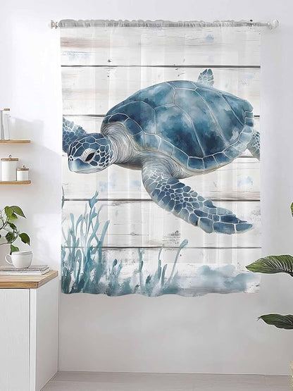 Sheer Curtains 72 Inches Long, Ocean Sea Turtle Semi Sheer Curtains Light Filtering Window Treatment, Coastal Seaweed Vintage Wood Grain Privacy Voile Drapes for Living Room Bedroom 52x72 Inch