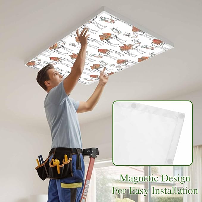 4 Pack Fluorescent Light Cover, Sand Camel Light Covers for Ceiling Lights, Vintage Farmhouse Desert Animals Camel Magnetic Lights Filters Ceiling Shade for Classroom/Office - 4 x 2 Feet