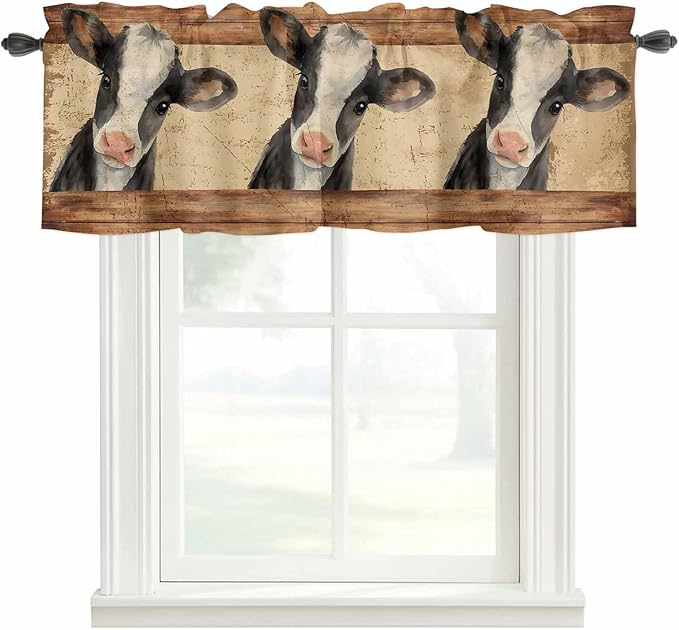 Farmhouse Cow Curtain Valances for Windows, Kitchen Valance Window Treatment, Country Vintage Animals Wooden Grain Light Filtering Block Curtains for Bathroom/Bedroom/Living Room 54'' x 18''