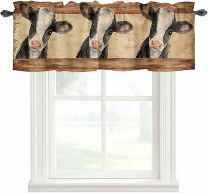 Farmhouse Cow Curtain Valances for Windows, Kitchen Valance Window Treatment, Country Vintage Animals Wooden Grain Light Filtering Block Curtains for Bathroom/Bedroom/Living Room 42'' x 12''