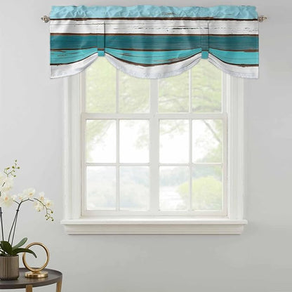 Turquoise Teal Tie Up Valance Curtains for Windows, Kitchen Curtains Window Shades, Farmhouse Retro Ombre Wooden Grain Light Filtering Roman Curtain Valances for Bedroom/Bathroom/Cafe 42"x18"