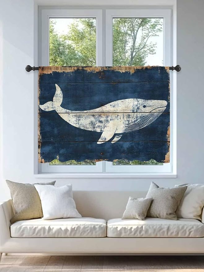 Sheer Curtains 54 Inch Length, Ocean Whale Blue Semi Sheer Curtains Light Filtering Window Treatment, Summer Sea Vintage Wooden Grain Privacy Voile Drapes for Living Room Bedroom 52x54 Inch