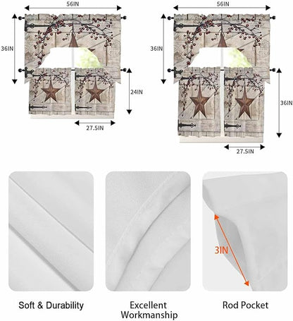 Village Stars Swag Kitchen Curtains Valance and Tier Set, Vintage Rust Yellow Star Berry Beige Barn Doors Light-Filtering Swag Valance 24 Inch Length, Rod Pocket Short Curtain for Bedroom Cafe