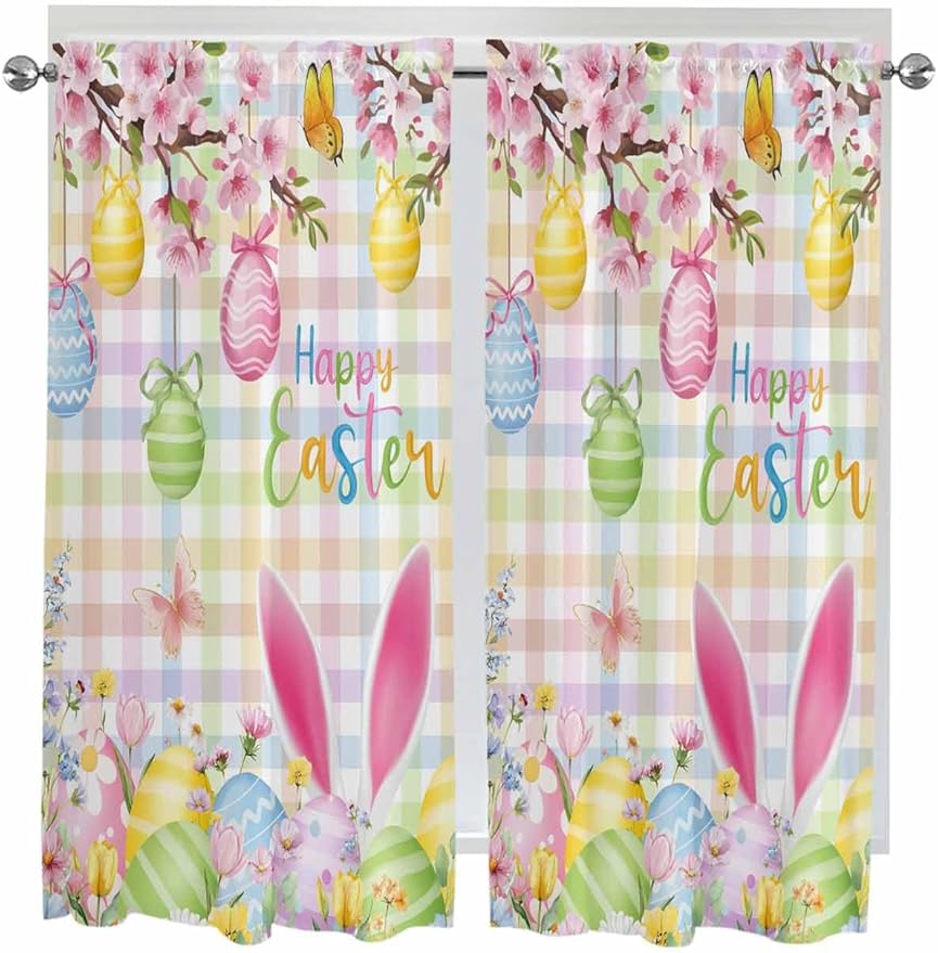 Happy Easter Bedroom Curtains 63 Inches length, Spring Bunny Colorful Eggs Flower Plaid Window Treatment Curtain Drapes, Rod Pocket Curtain Panels for Living Room Kitchen, 42"x63", 2 Panels