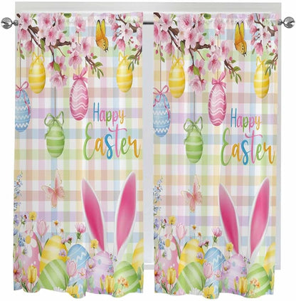 Happy Easter Living Room Curtains 72 Inches length, Spring Bunny Colorful Eggs Flower Plaid Window Treatment Curtain Drapes, Light Filtering Drapes for Bedroom Laundry Room, 52"x72", 2 Panels