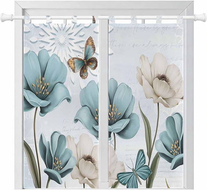 Blue Tulips Bathroom Curtains 63 Inch Length, Window Curtains Tab Top, Watercolor Flowers Butterfly Spring Farmhouse Blue Light Filtering Window Treatments Drapes 52"x63" 2 Panel