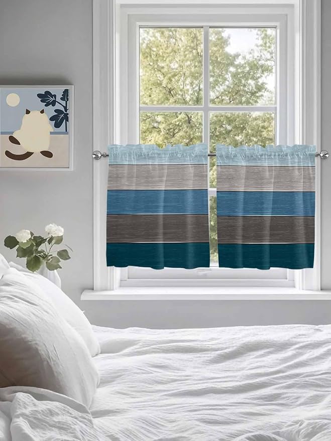 Retro Farm Blue Gray Wood Grain Window Valance Curtains, Rustic Wooden Plank Light Filtering Kitchen Valance with 3-inch Rod Pocket for Living Room Bathroom Bedroom,2 Panel,27.5x24In