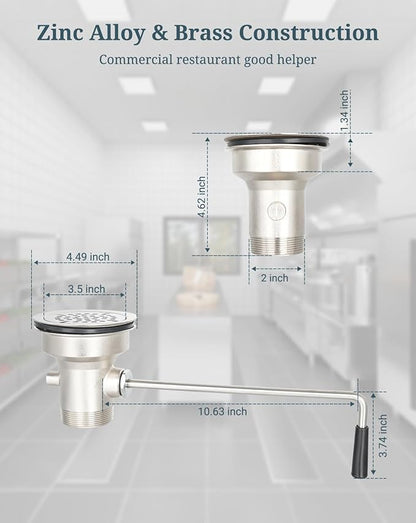 3-1/2 Inch Commercial Sink Drain with Lever Handle Kitchen Sink Opening Waste Drain Valve Stopper Prevents Sink Clogged Overflow for 1/2/3 Compartment Sink Style Drains