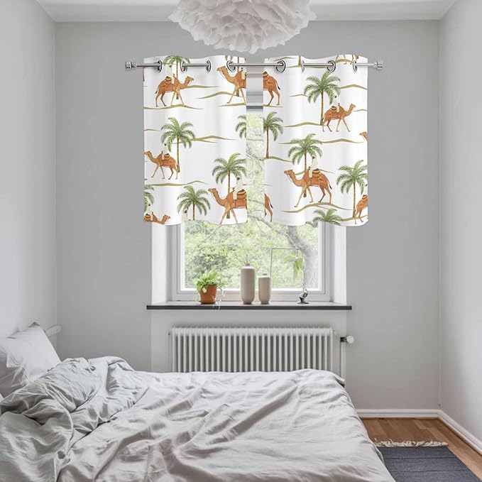2 Panel Kitchen Cafe Curtains, Desert Camels Sunlight Filtering Nature Air Through, Home Decor Window Covering Tier Curtains for Bedroom Living Room 55W x 39L inch Tropical Date Palm Trees Animal