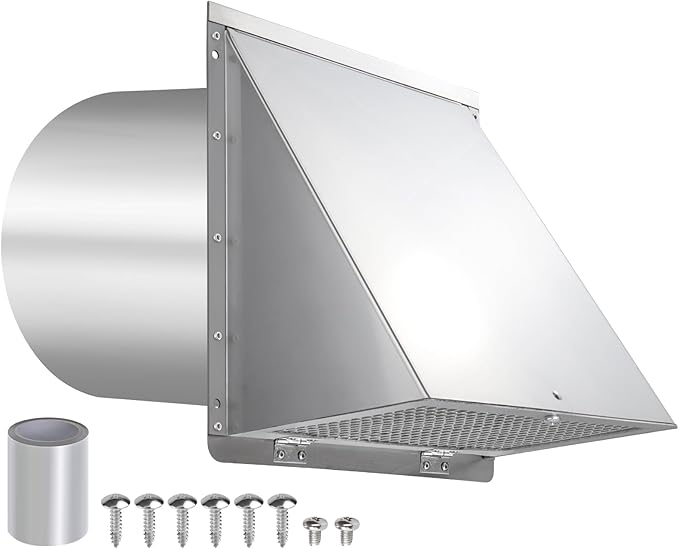 10 Inch Wall Vent Exhaust Vent Cover,Hooded Wall Vent with Screen and Damper,Outdoor Wall Exhaust Vent Cap Exterior Air Vent Cover for Kitchen Range Hood HVAC Duct Dryer Ventilation, Stainless Steel