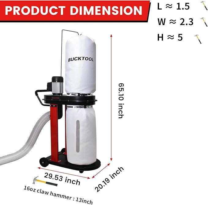 BUCKTOOL 1.2 HP Auto Start 750CFM Dust Collector with 3 Dust Collection Bag,13 Gallon and 5 PCS Reducer for Woodworking