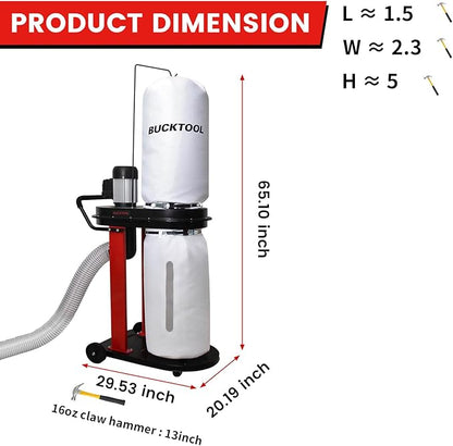 BUCKTOOL 1.2 HP Auto Start 750CFM Dust Collector with 3 Dust Collection Bag,13 Gallon and 5 PCS Reducer for Woodworking
