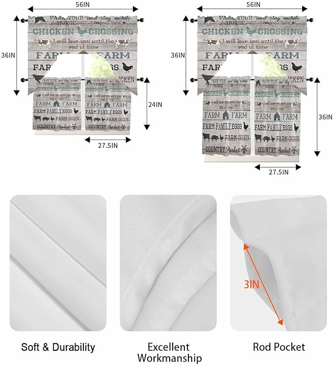 Farmhouse Swag Kitchen Curtains Valance and Tier Set, Green Black Barn Cow Pig Chicken Brown Wood Grain Light-Filtering Swag Valance 36 Inch Length, Rod Pocket Short Curtain for Bedroom Cafe