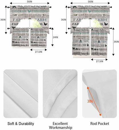 Farmhouse Swag Kitchen Curtains Valance and Tier Set, Green Black Barn Cow Pig Chicken Brown Wood Grain Light-Filtering Swag Valance 36 Inch Length, Rod Pocket Short Curtain for Bedroom Cafe