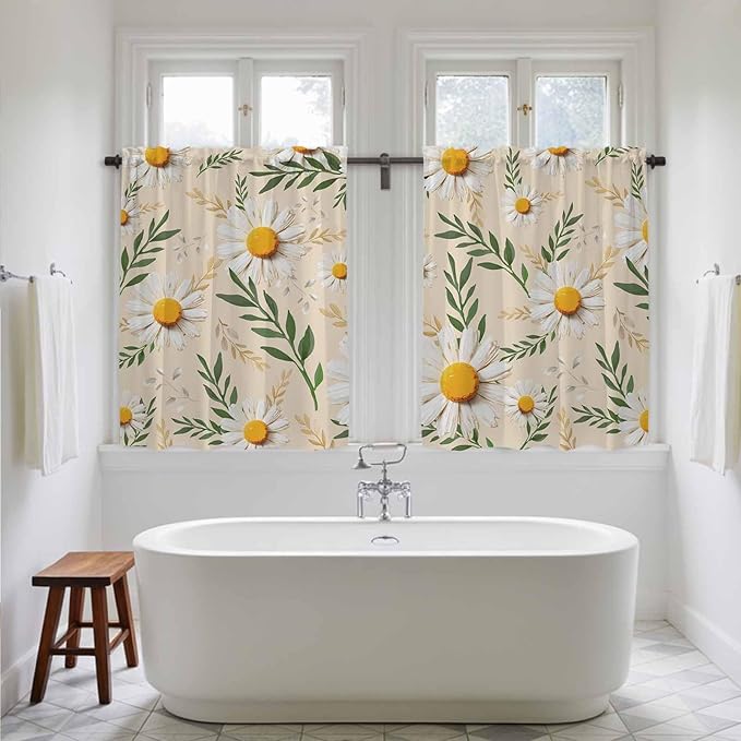 Spring Daisy Tier Curtains, Country Watercolor Flower Leaf Plant Light Filtering Kitchen Curtains, 2Pcs Rod Pocket Half Window Treatments Panels for Sink Cafe Cabinet Basement 27.5x45 Inches