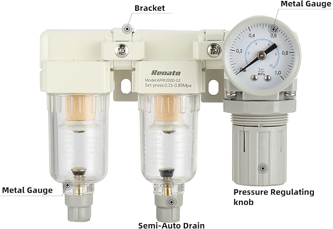 1/4" NPT Three Stage Air Drying System - 5 Micron Particulate Filter Air Pressure Regulator Combo - 0-125psi Gauge, Semi-Auto Drain, Metal Bracket