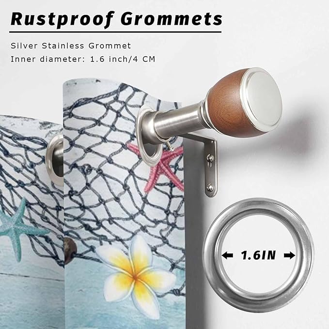 Ocean Gnome Outdoor Curtains for Patio Summer Marine Plumeria Shell Wood Blue Waterproof Outside Curtains with Grommet Top Weatherproof Curtain for Cabana Pergola Gazebo, 1 Panel, 54" W x 95" L