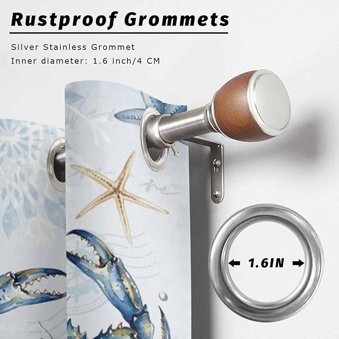 Oceans Outdoor Curtains for Patio Crabs Marine Life Shell Starfish Blue Waterproof Outside Curtains with Grommet Top Weatherproof Curtain for Cabana Pergola Gazebo, 2 Pack, 54" W x 108" L