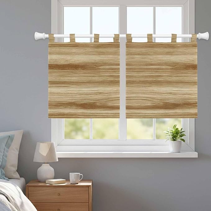 Light Brown Wood Grain Kitchen Curtains 36 Inch Length, Small Window Curtains Tab Top, Western Farmhouse Barn Door Light Filtering Short Window Treatments Tier Drapes 27.5"x36" 2 Panel