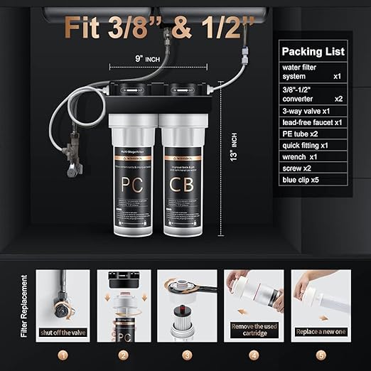 Under Sink Alkaline Water Filter with Faucet, 2-Stage Water Filter System Reduces Heavy Metals, Chlorine, Sediment, Improves pH and Taste, Remineralization, NSF 42&53 Certified