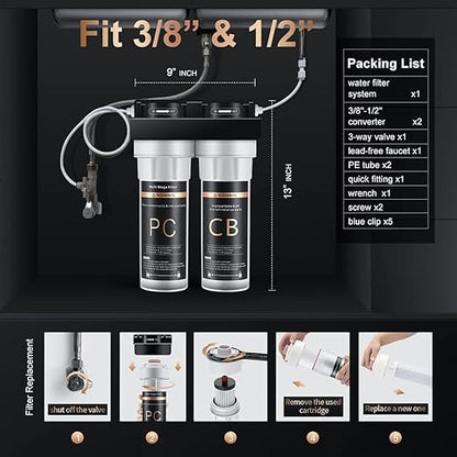 Under Sink Alkaline Water Filter with Faucet, 2-Stage Water Filter System Reduces Heavy Metals, Chlorine, Sediment, Improves pH and Taste, Remineralization, NSF 42&53 Certified