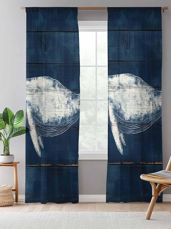 Sheer Curtains 84 Inches Long, Summer Whale Semi Sheer Curtains Light Filtering Window Treatment, Ocean Watercolor Wooden Grain Blue Privacy Voile Drapes for Living Room Bedroom 52x84 Inch