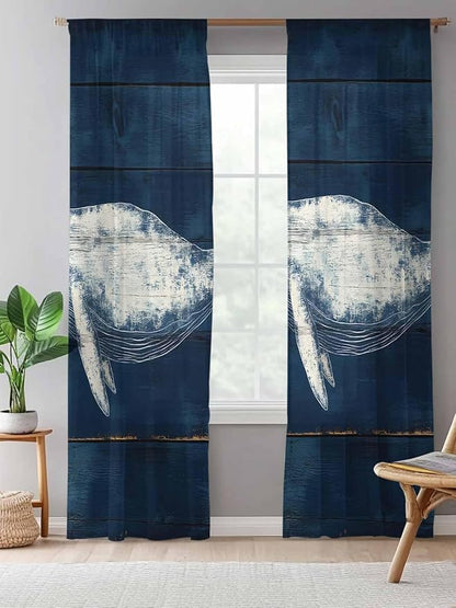 Sheer Curtains 108 Inches Long, Summer Whale Semi Sheer Curtains Light Filtering Window Treatment, Ocean Watercolor Wooden Grain Blue Privacy Voile Drapes for Living Room Bedroom 52x108 Inch
