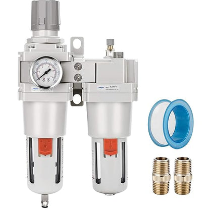 NANPU 1" NPT Compressed Air Filter Regulator Lubricator Combo (FRL) Water/Oil Trap Separator - Gauge(0-150 psi), 5 Micron Brass Element,Poly Bowl, Semi-Auto Drain, Metal Bracket