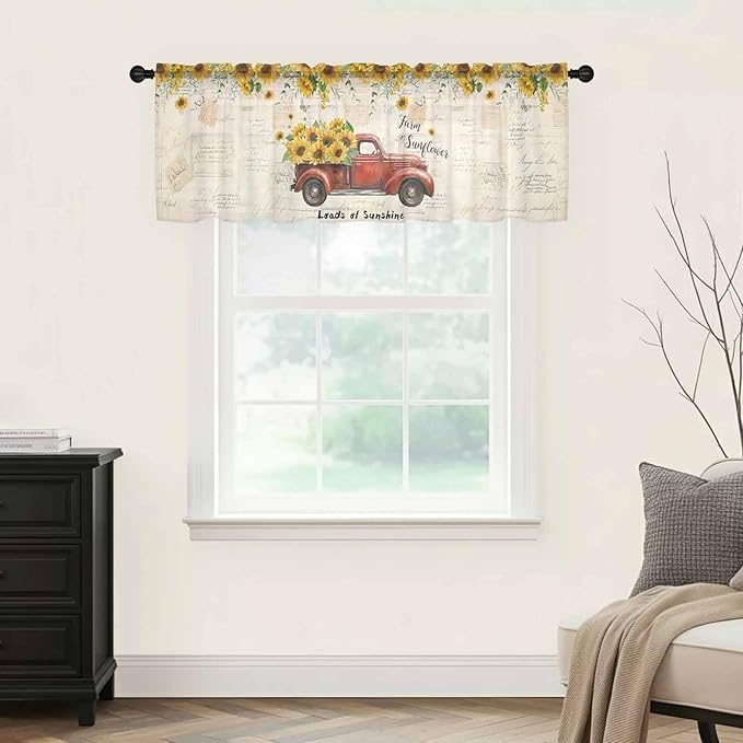 Farmhouses Sunflowers Sheer Valance Curtains, Retro Floral Leaves Red Truck Vintage Light Filtering Kitchen Valances Rod Pocket Voile Curtain Window Treatment for Bedroom/Living Room/Basement 42Wx12L