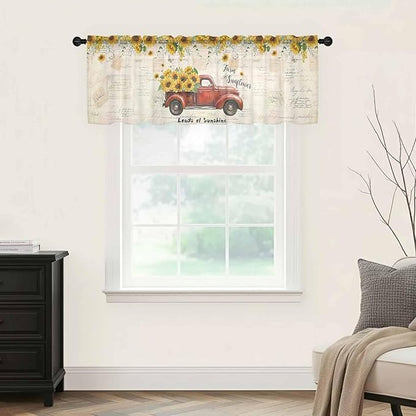Farmhouses Sunflowers Sheer Valance Curtains, Retro Floral Leaves Red Truck Vintage Light Filtering Kitchen Valances Rod Pocket Voile Curtain Window Treatment for Bedroom/Living Room/Basement 42Wx12L