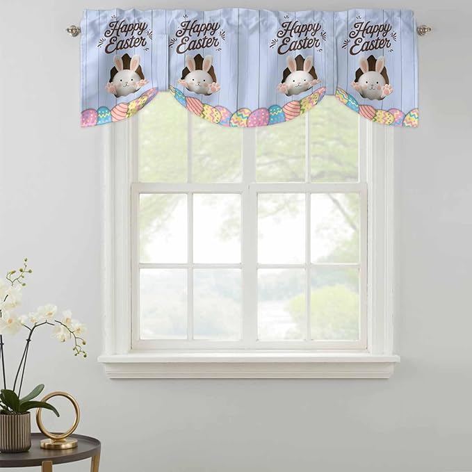 Blue Easter Tie Up Valance Curtains for Windows, Kitchen Curtains Window Shades, Spring Cartoon Bunny Colorful Eggs Wood Grain Light Filtering Roman Curtain Valances for Bedroom/Bathroom/Cafe 54"x18"