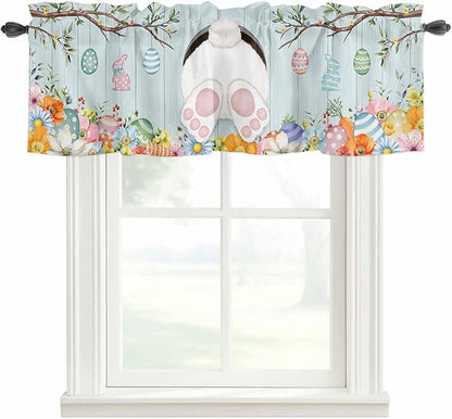 Easter Bunny Curtain Valances for Windows, Kitchen Valance Window Treatment, Easter Eggs Spring Farmhouse Wood Grain Teal Blue Light Filter Block Curtains for Bathroom/Bedroom/Living Room 42'' x 18''