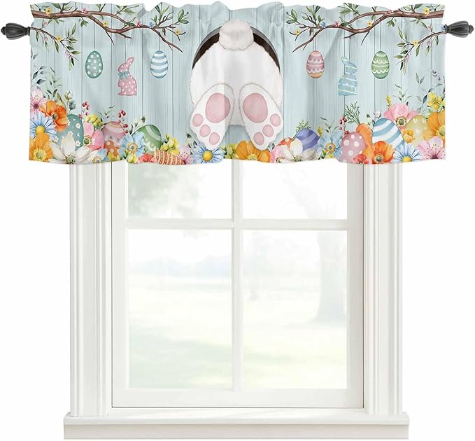 Easter Bunny Curtain Valances for Windows, Kitchen Valance Window Treatment, Easter Eggs Spring Farmhouse Wood Grain Teal Blue Light Filter Block Curtains for Bathroom/Bedroom/Living Room 42'' x 12''