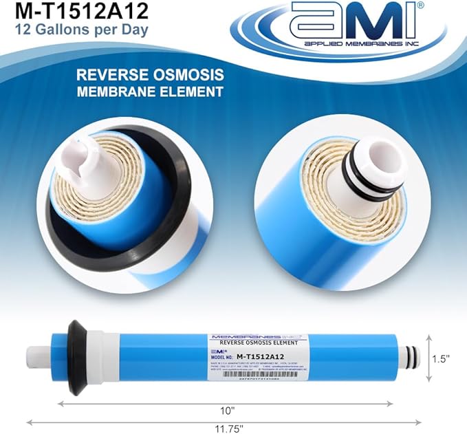 APPLIED MEMBRANES INC. 12 GPD Reverse Osmosis Membrane | RO Membrane Water Filter Replacement for Reverse Osmosis Water Filtration System | 1.5” x 12” Universal Compatibility | Made in USA