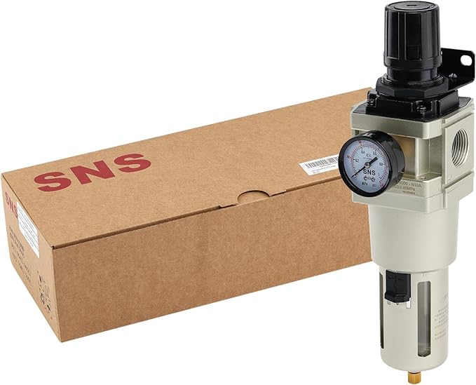 SNS 1”NPT Compressed Air Filter Regulator Piggyback Combo, Semi-auto Drain, 5 Micron Brass Filter, Gauge and Bracket, Poly Bowl with Metal Guard AW5000-N10A