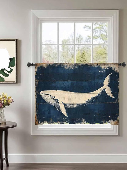 Sheer Curtains 54 Inch Length, Ocean Whale Blue Semi Sheer Curtains Light Filtering Window Treatment, Summer Coastal Vintage Wood Grain Privacy Voile Drapes for Living Room Bedroom 52x54 Inch