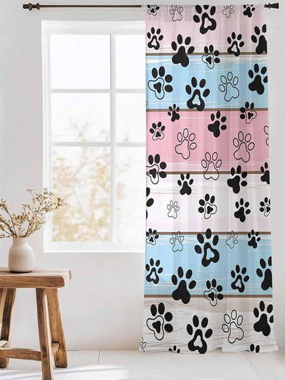 Sheer Curtains 96 Inches Long, Pink Blue Paw Print Semi Sheer Curtains Light Filtering Window Treatment, Vintage Farmhouse Wooden Grain Privacy Voile Drapes for Living Room Bedroom 52x96 Inch