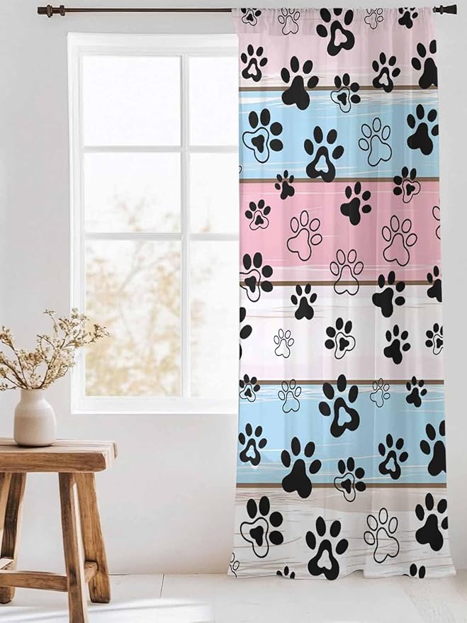 Sheer Curtains 84 Inches Long, Pink Blue Paw Print Semi Sheer Curtains Light Filtering Window Treatment, Vintage Farmhouse Wooden Grain Privacy Voile Drapes for Living Room Bedroom 52x84 Inch