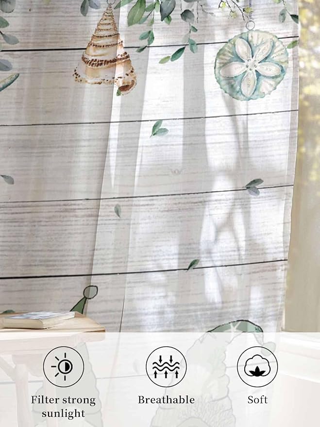 Sheer Curtains 96 Inches Long, Coastal Eucalyptus Leaf Semi Sheer Curtains Light Filtering Window Treatment, Sage Green Gnomes Starfish Privacy Voile Drapes for Living Room Bedroom 52x96 Inch