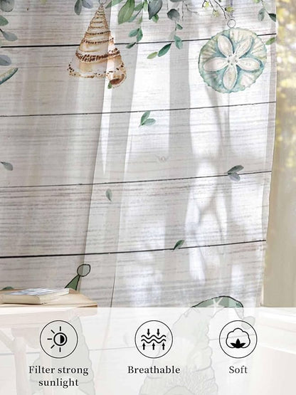 Sheer Curtains 96 Inches Long, Coastal Eucalyptus Leaf Semi Sheer Curtains Light Filtering Window Treatment, Sage Green Gnomes Starfish Privacy Voile Drapes for Living Room Bedroom 52x96 Inch
