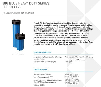 Pentair Pentek 150426 Big Black Filter Housing, 1" NPT #10 Whole House Heavy Duty Water Filter Housing with High-Flow Polypropylene (HFPP) Cap and Pressure Relief Button, 10 Inch, Black/Black