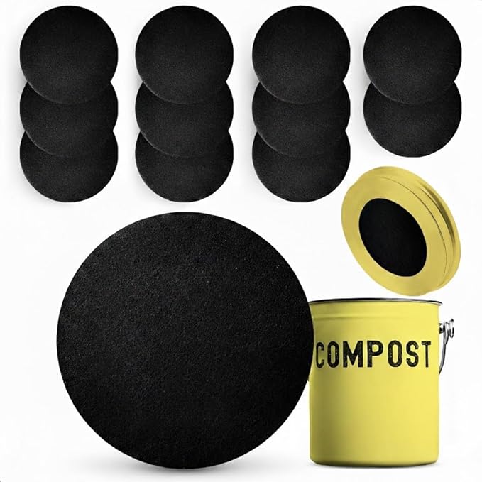 12 Pcs Charcoal Filters for Compost Bucket - 6.7 x 0.6 Compost Bin Filters Charcoal Set, Flexible and Easy to Cut Design, Strong Odor Absorption & Tear Resistance, Fits Most Kitchen Counter Bins