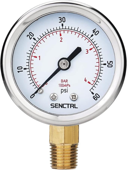 SENCTRL 0-60 Psi Pressure Gauge, 2" Dial, 1/4 Npt Lower Mount, Waterproof, Stainless Steel Case, for Swimming Pool Filter Pump Spa Water Air MTB Tire Pressure Test
