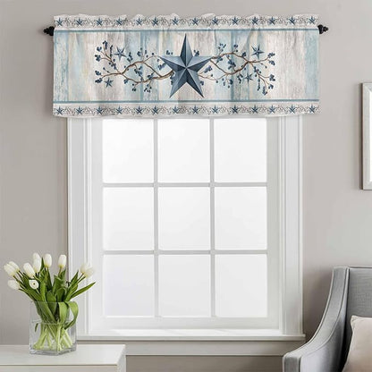 Blue Texas Star Valances for Windows, Vintage Star Berry Blue Beige Wood Grain Kitchen Valance Light Filtering Rod Pocket Short Curtains for Kitchen Bathroom, 1 Panel, 56"x16"