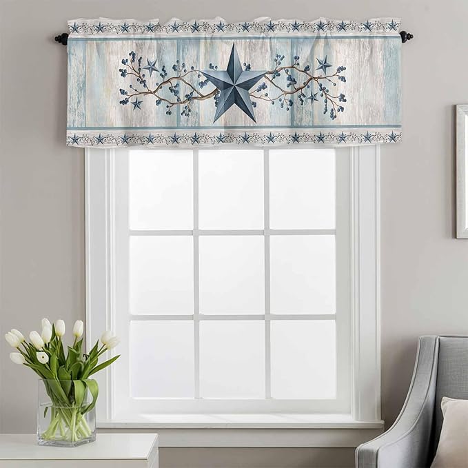 Blue Texas Star Valances for Windows, Vintage Star Berry Blue Beige Wood Grain Kitchen Valance Light Filtering Rod Pocket Short Curtains for Kitchen Bathroom, 1 Panel, 60"x14"