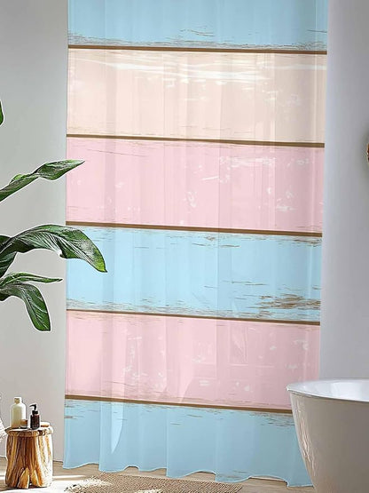 Sheer Curtains 84 Inches Long, Pink Blue Wood Grain Semi Sheer Curtains Light Filtering Window Treatment, Farmhouse Country Shabby Striped Privacy Voile Drapes for Living Room Bedroom 52x84 Inch