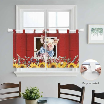 Pig Sunflowers Kitchen Curtains 24 Inch Length, Small Window Curtains Tab Top, Eucalyptus Leaves Floral Bees Red Barn Light Filtering Short Window Treatments Tier Drapes 27.5"x24" 2 Panel