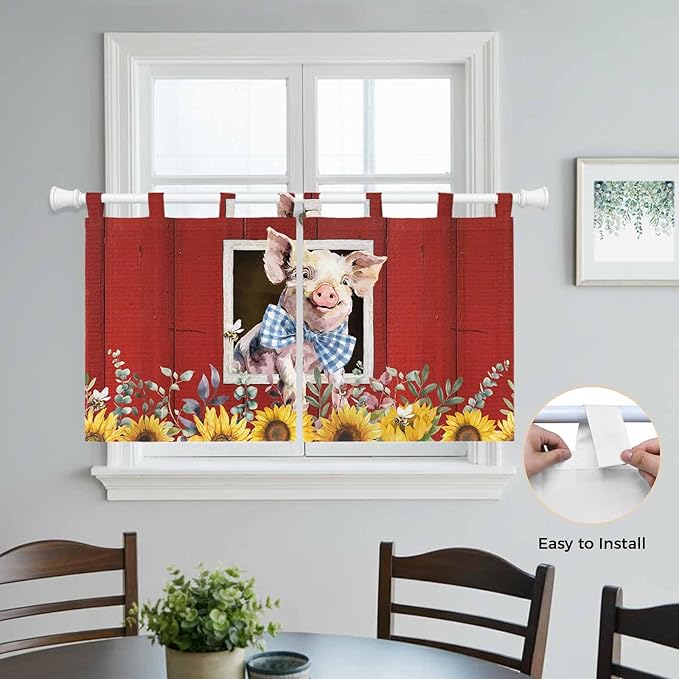 Pig Sunflowers Kitchen Curtains 36 Inch Length, Small Window Curtains Tab Top, Eucalyptus Leaves Floral Bees Red Barn Light Filtering Short Window Treatments Tier Drapes 27.5"x36" 2 Panel